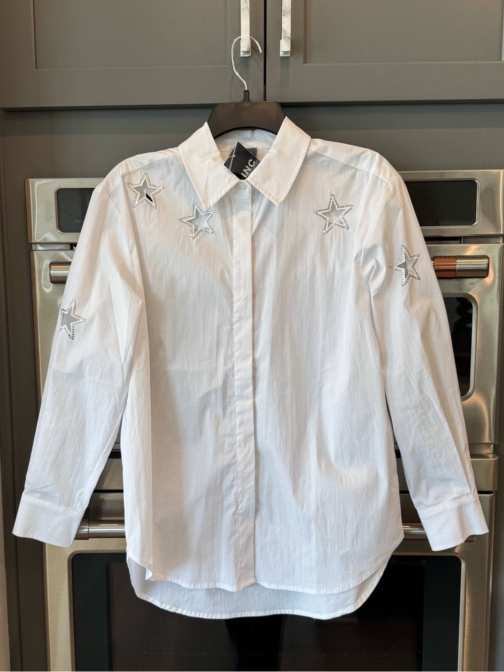 NWT INC International White Button-Up Shirt with Star Embroidery